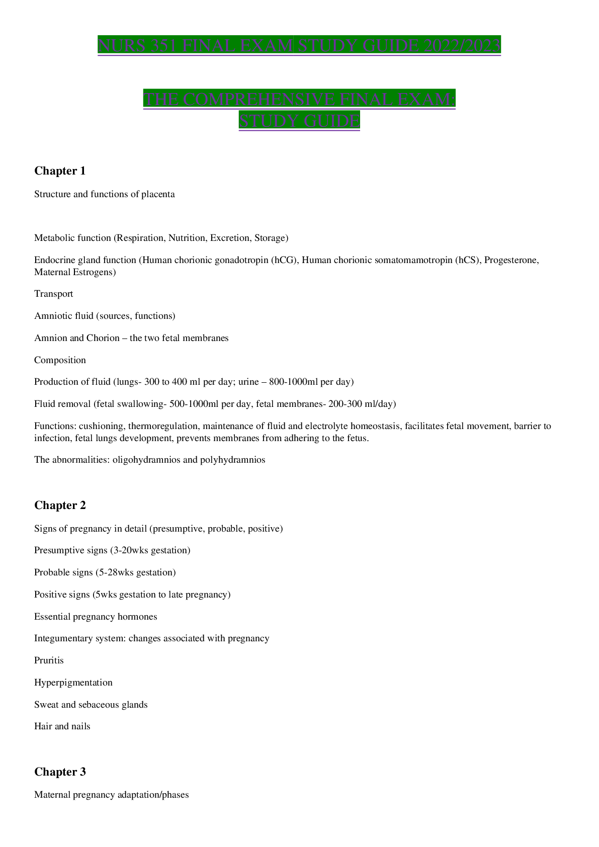 Preview image for NURS 351 FINAL EXAM STUDY GUIDE 2022/2023 | THE COMPREHENSIVE FINAL EXAM_A+